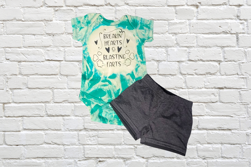 Breakin' Hearts and Blasting Farts Tie Dye Green Baby Onesie